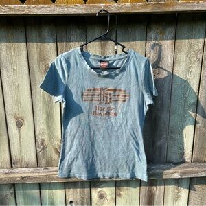 Harley-Davidson Women’s L Light Blue Fitted Biker Tee Graphic T-Shirt
